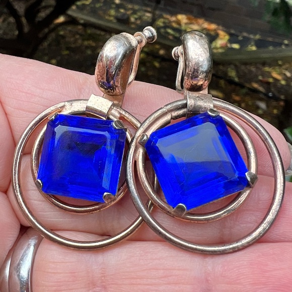 VINTAGE ROYAL BLUE GLASS STERLING SILVR OVERSIZED DROP DANGLE STATEMENT EARRINGS
